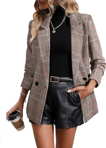 Happy Sailed Plaid Blazers for Women Trendy Classic Turndown Collar Double Breasted Oversized Blazer Jackets Long Sleeve Open Front Work Suits Office Professional Clothes 2025 Dark Khaki Large | Amazon (US)