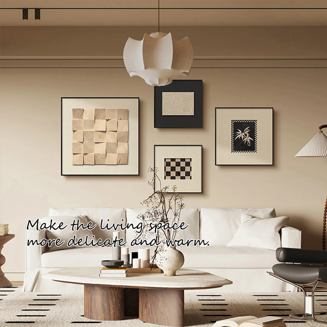 Mid-Century Modern Wabi-Sabi Wall Art Set, 4-Piece Framed Canvas & Wood Textured Wall Decor, Neut... | Wayfair North America