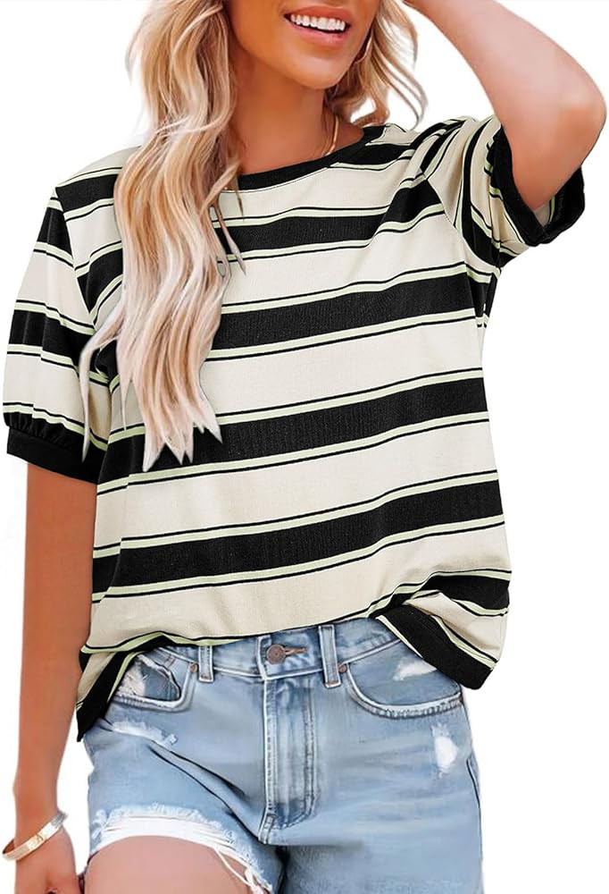 Dokotoo Womens Summer Tops 2026 Striped Color Block Short Sleeve Fashion T-Shirts Crewneck Casual... | Amazon (US)