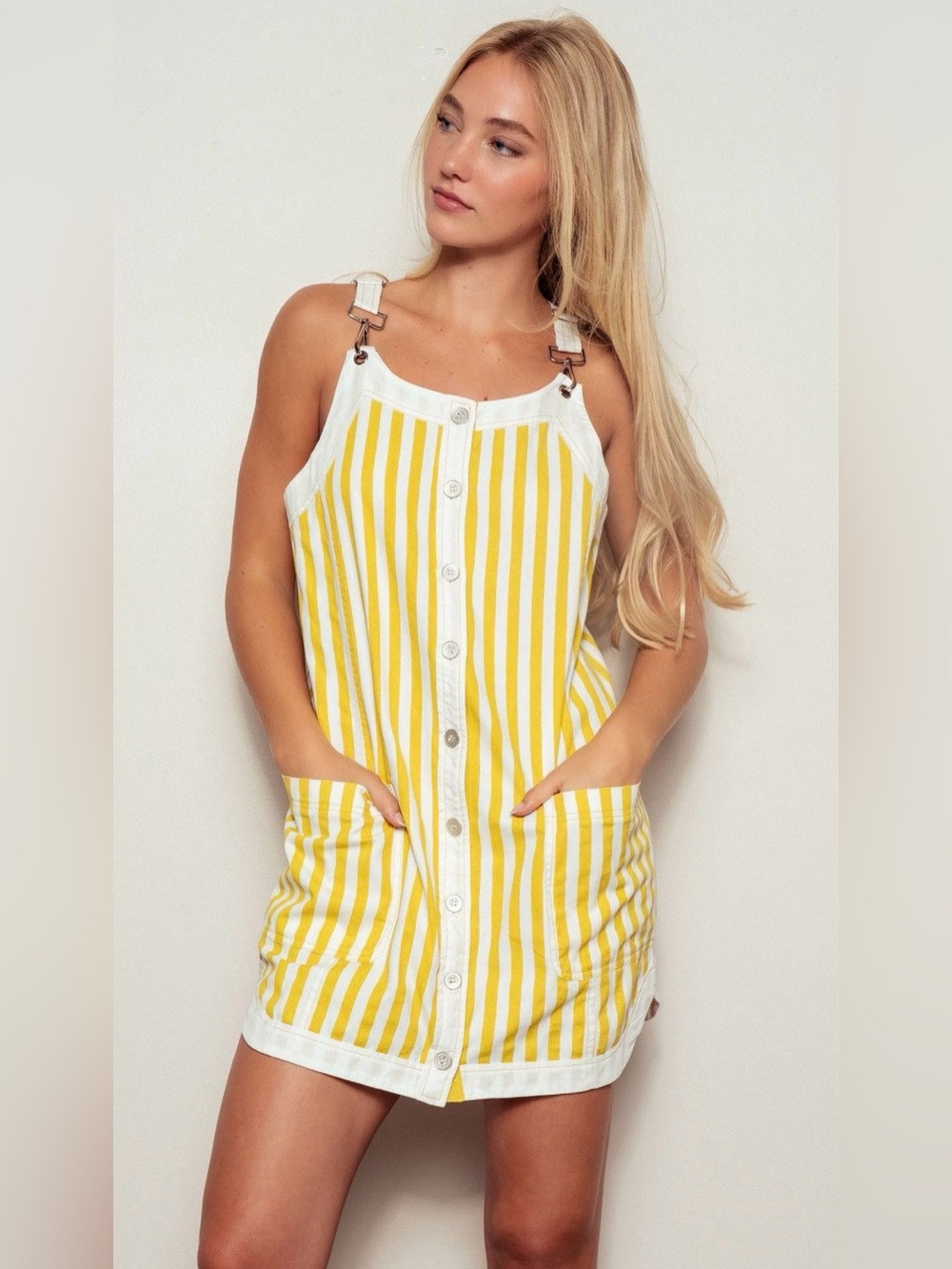 Maeve White Overall Dress with Yellow Stripe Detail | Poshmark