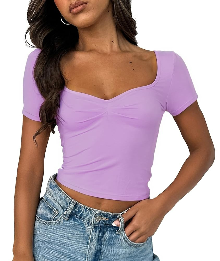 ForeFair Women's Sexy Short Sleeve Going Out Tops Pleated Bustier Shirt Cute Sweetheart Neck Y2K ... | Amazon (US)