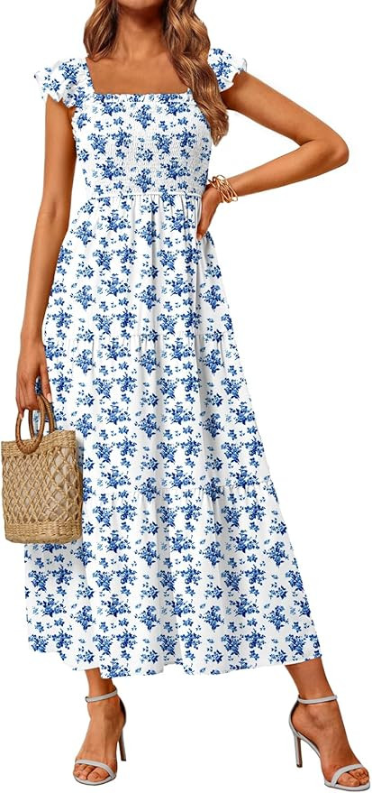 LILLUSORY Womens Square Neck Floral Ruffle Sleeve Maxi Dress 2026 Smocked Boho Vintage Sundress w... | Amazon (US)