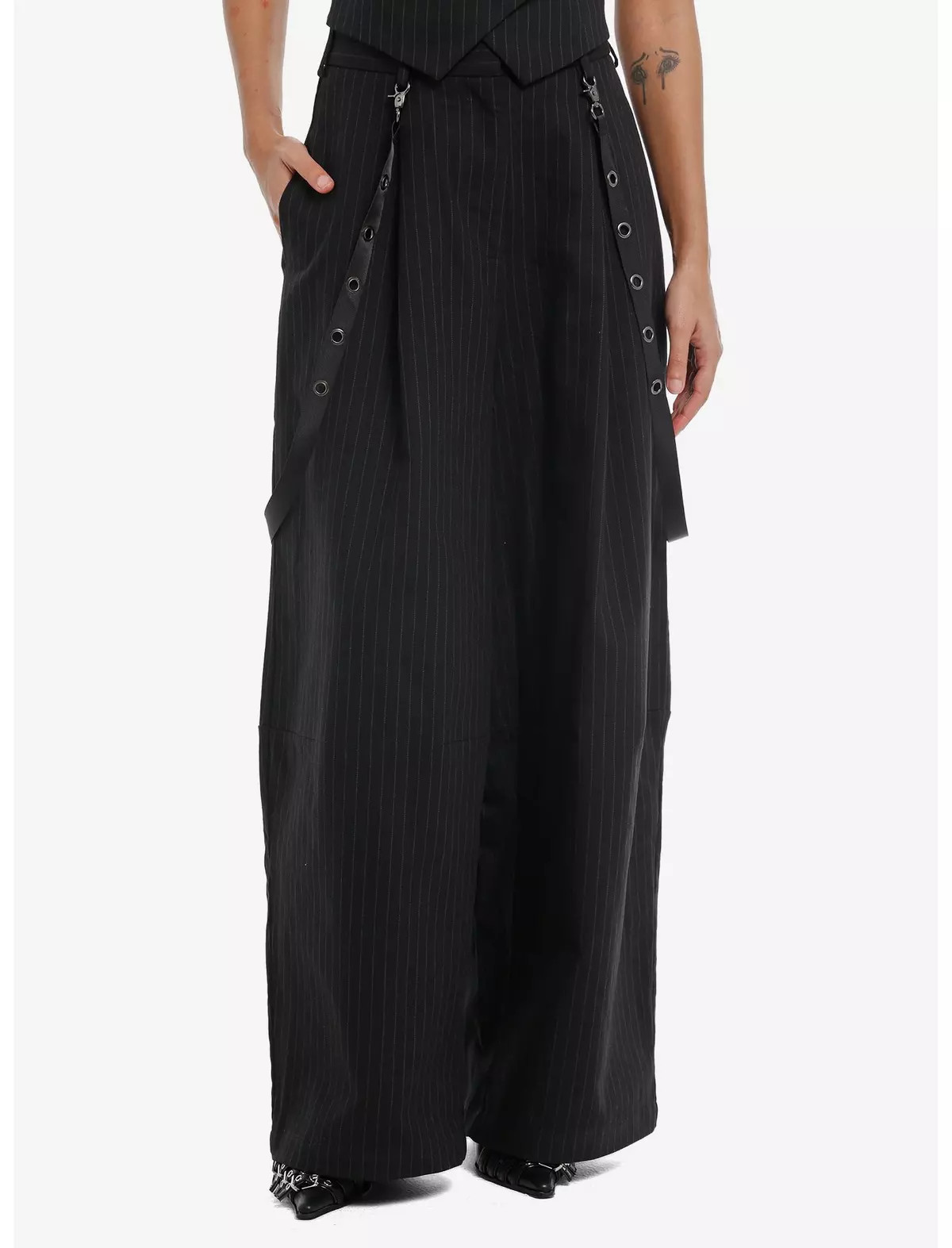 Social Collision Pinstripe Grommet Suspenders Wide Leg Pants | Hot Topic | Hot Topic