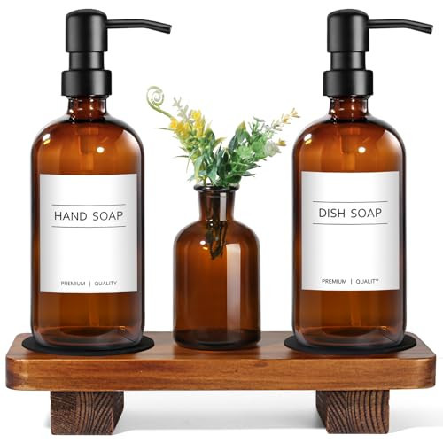 Kitchen Soap Dispenser Set with Wood Riser Tray, Amber Glass Soap Dispenser with Stainless Steel Pump, Hand and Dish Soap Dispenser Set for Kitchen, Soap and Lotion Dispenser Bathroom Decor(Amber) | Amazon (US)