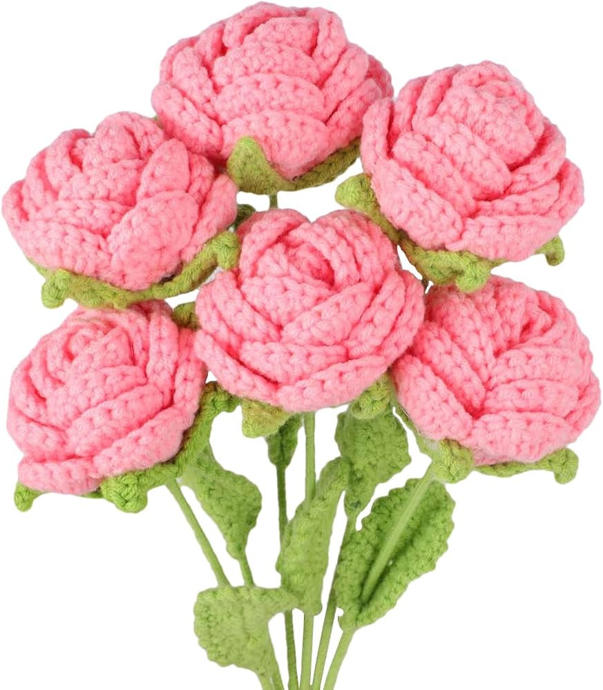6 Pcs Roses Crochet Flowers, Pink Handmade Rose Knitted Flower Woven Roses Knitting Crochet Flowe... | Amazon (US)