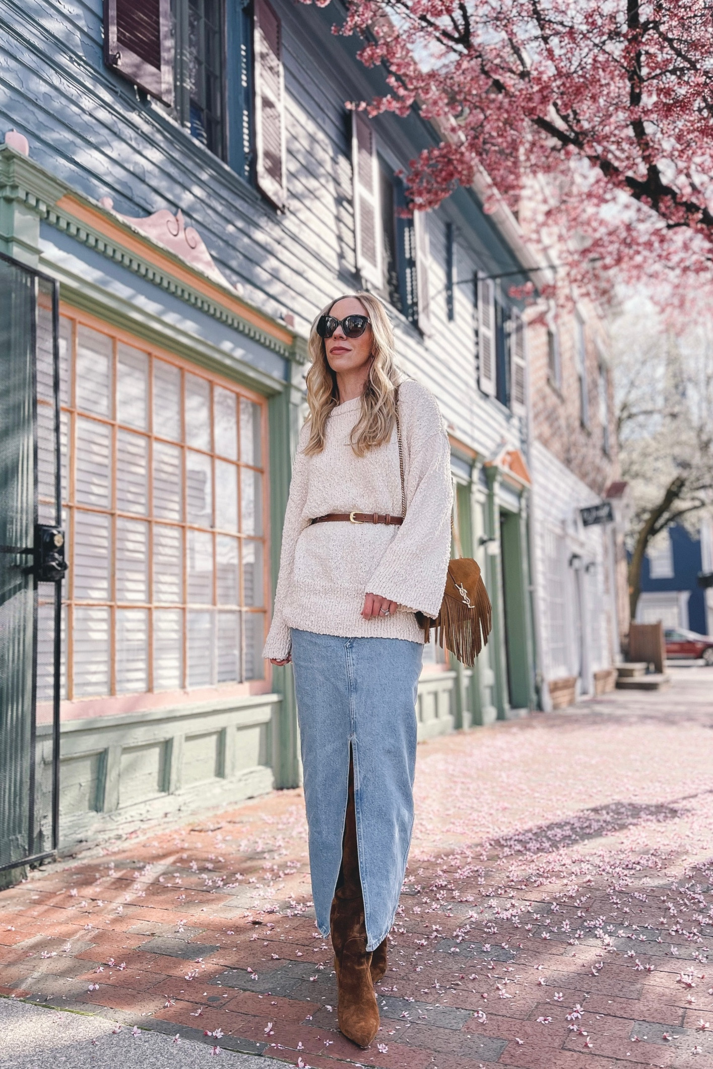 Spring outfit, denim maxi skirt, tall suede boots, spring fashion, date night 

#LTKunder100 #LTKstyletip #LTKSeasonal