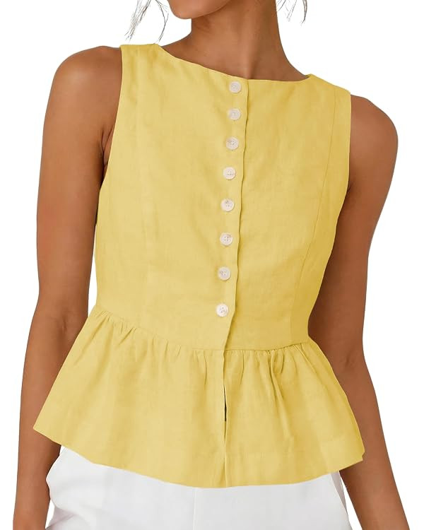 SKIKYAN Women's Linen Tank Tops Sleeveless Peplum Top Button Front Casual Flared Hem Blouse for S... | Amazon (US)