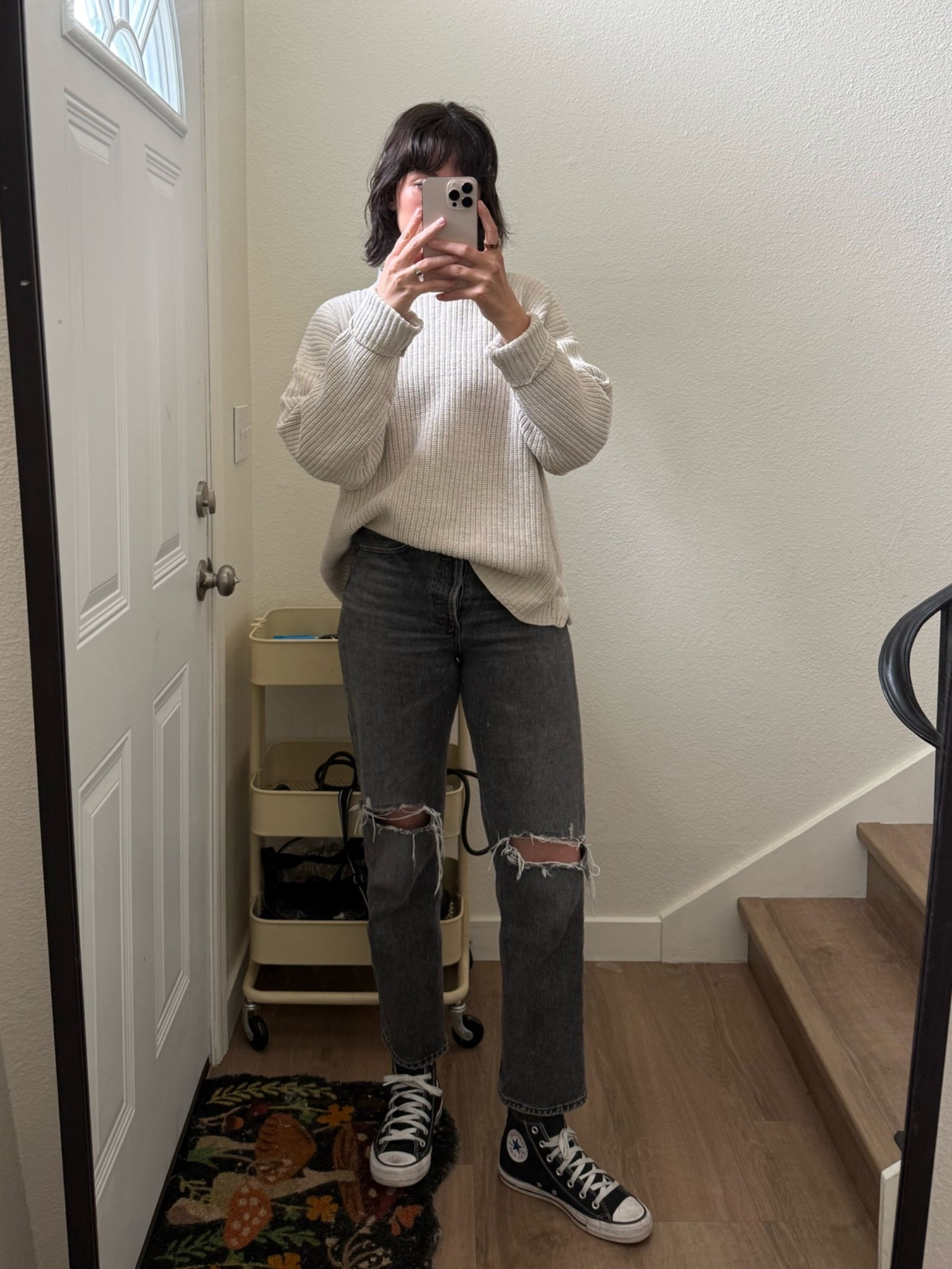 June 8 ootd 🤍 June gloom rolled through! Classic millennial outfit - tucking the sweater included. Sweater is vintage, jeans are thrifted but I linked the same jeans! Wearing a 26.

#LTKootd