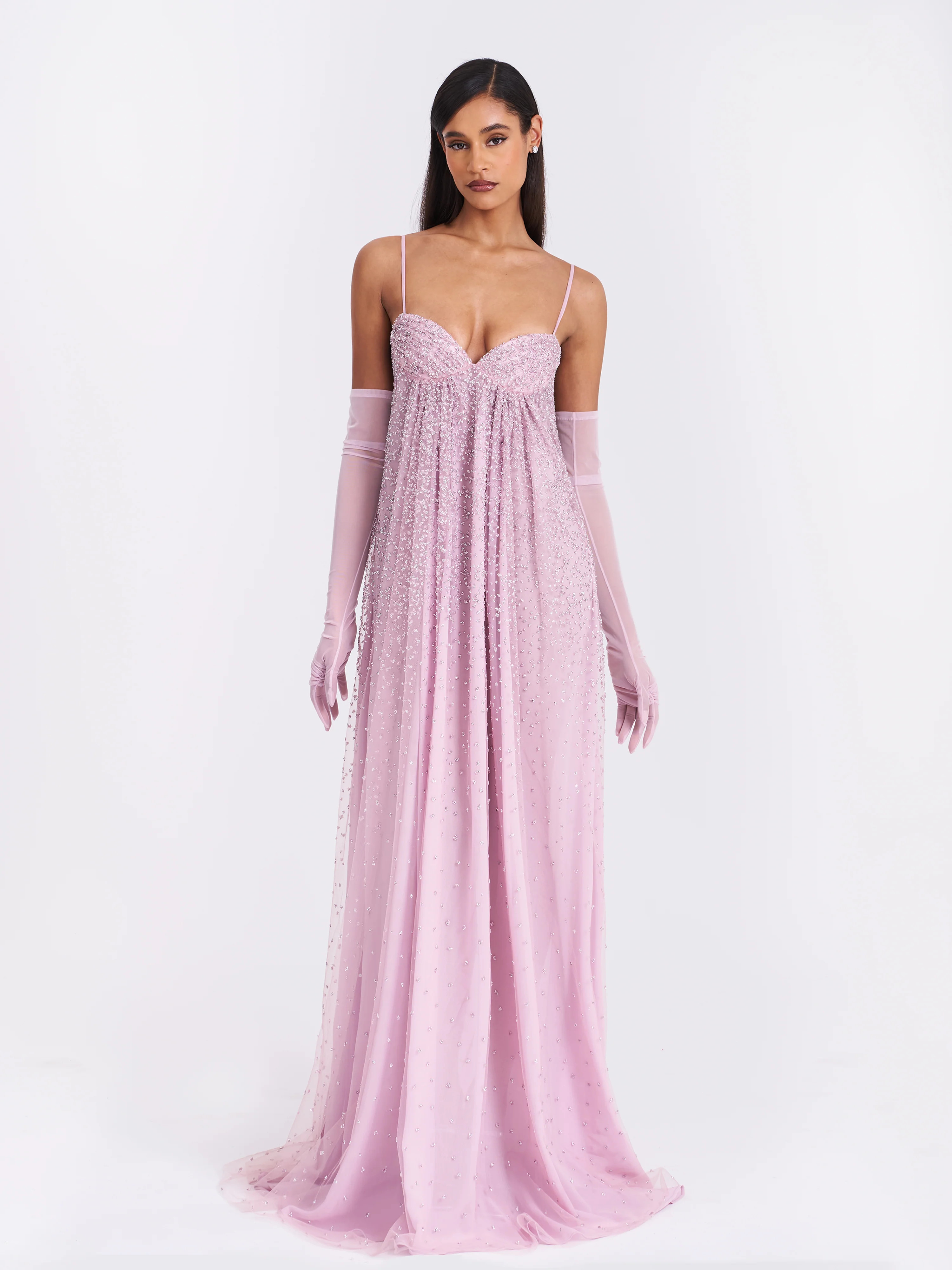 Wallie Pink Rhinestone Embellished Mesh Backless Gown | Miss Circle