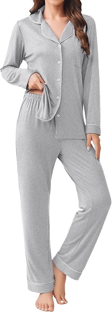 Ekouaer Womens Pajamas Set 2 Piece Button Down Pjs Soft Long Sleeve Top and Pants Sleepwear Set L... | Amazon (US)