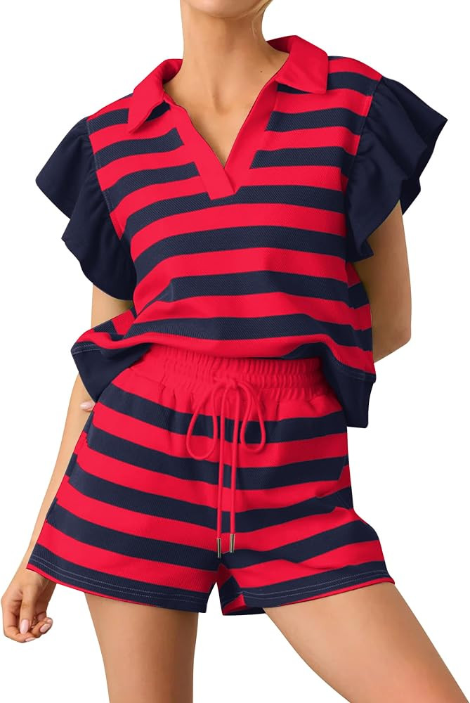 HOCANDY Striped Shorts Sets Women 2 Piece Outfits Ruffle Cap Sleeve Tops and High Waisted Drawstr... | Amazon (US)
