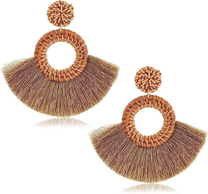 Rattan Earrings For Women Bohemia Fan Tassel Earrings Handmade Weave Straw Wicker Drop Hoop Earri... | Amazon (US)