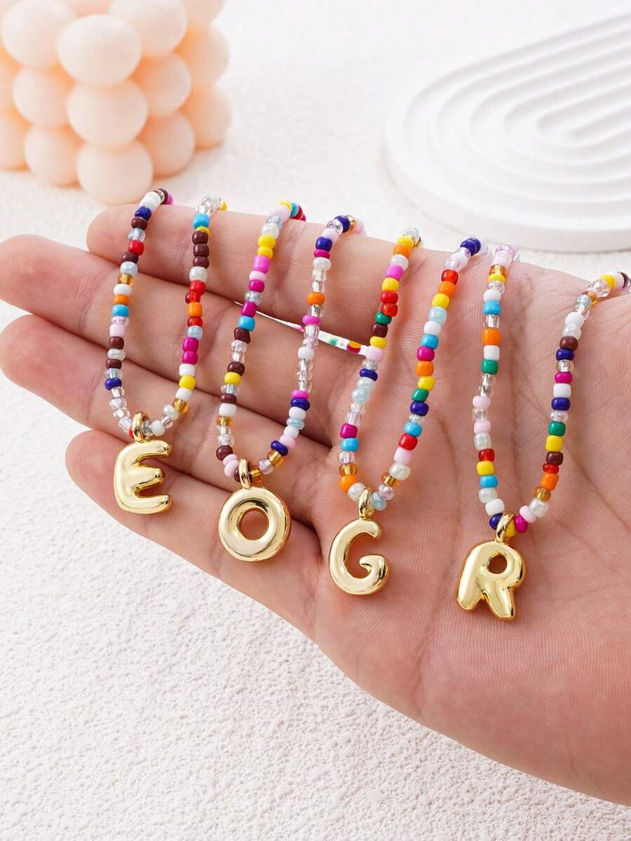 1pc Multicolor Glass Beads Letter Pendant Necklace, Bronze Tone | SHEIN