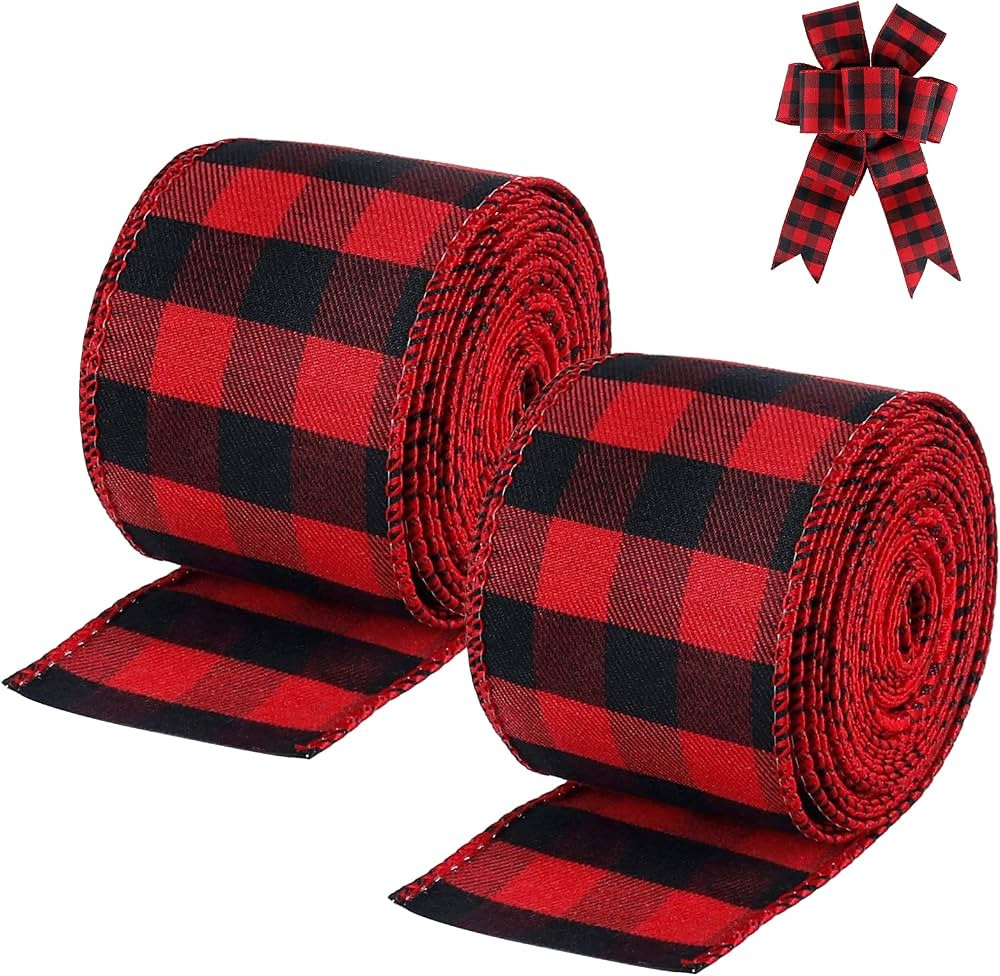 19.6 Yard 2.5 inch Wide Buffalo Plaid Ribbons Wired Edges, 2 Rolls Red and Black Checkered Ribbon... | Amazon (US)