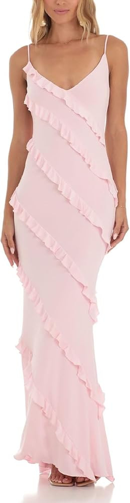 ROAONOCOMO Women Y2k Ruffle Spaghetti Strap Maxi Dress V Neck Long Cami Dress Slit Bodycon Slip D... | Amazon (US)