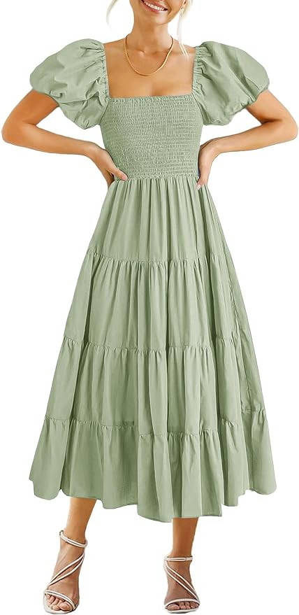 GOLDSTITCH Women's Smocked Maxi Dress Square Neck Ruffle Hem Puffy Short Sleeve Flowy Midi Dress | Amazon (US)
