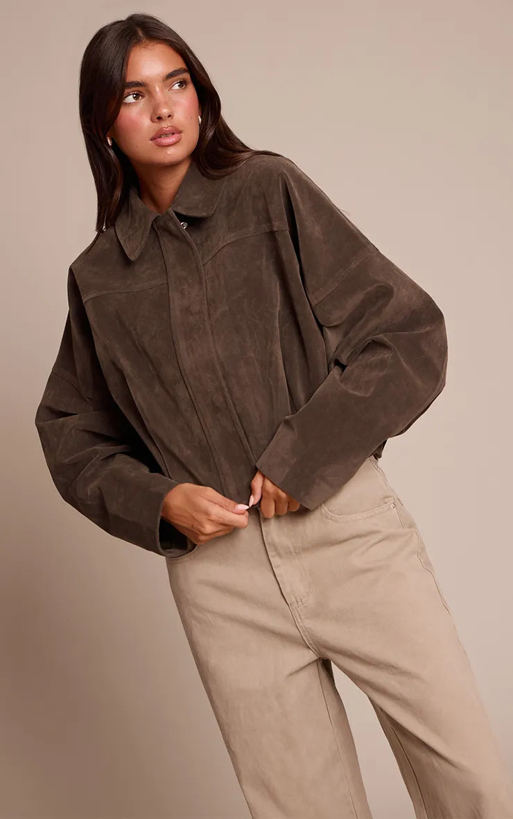 Khaki Faux Suede Covered Placket Bomber Jacket | PLT | PrettyLittleThing UK