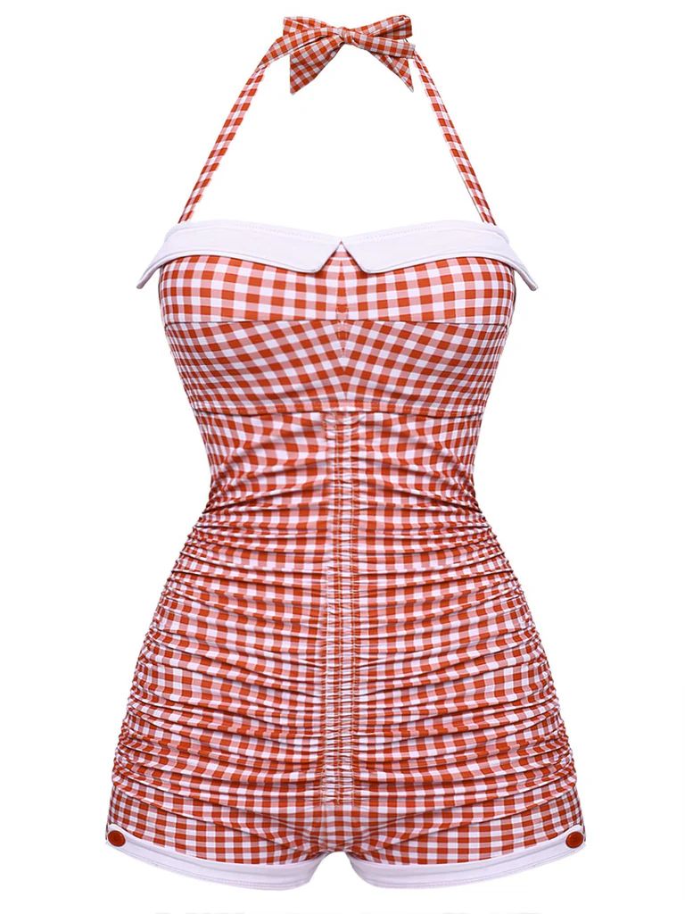 Checked 1950s Halter Bowknot One-piece Swimsuit | Retro Stage