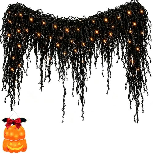 Halloween Fireplace Decor Set with LED Lights, Spooky Chic Black Vine Garland, Gothic Fall Leaves Vine Decor, Artificial Autumn Hanging Display for Mantel, Door Frame, Window (3.3ft) | Amazon (US)