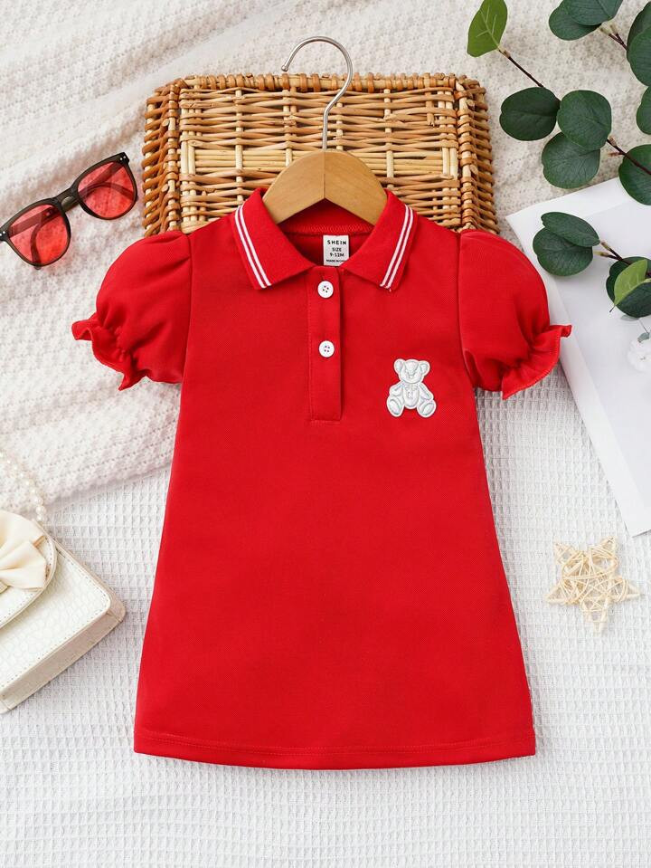 SHEIN Baby Girl Bear Patched Puff Sleeve Polo Neck Dress | SHEIN