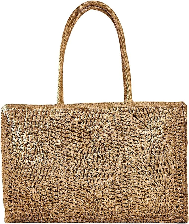 Straw Beach Bag for Women Bohemian Top Handle Aesthetic Woven Tote Handbag Summer Handmade Purse | Amazon (US)
