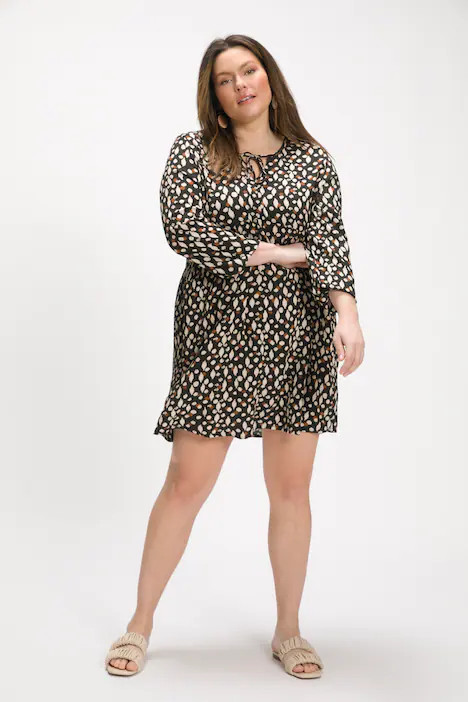 Ikat Look Dot Print Long Sleeve Crepe Tunic Dress | Ulla Popken - US & CA