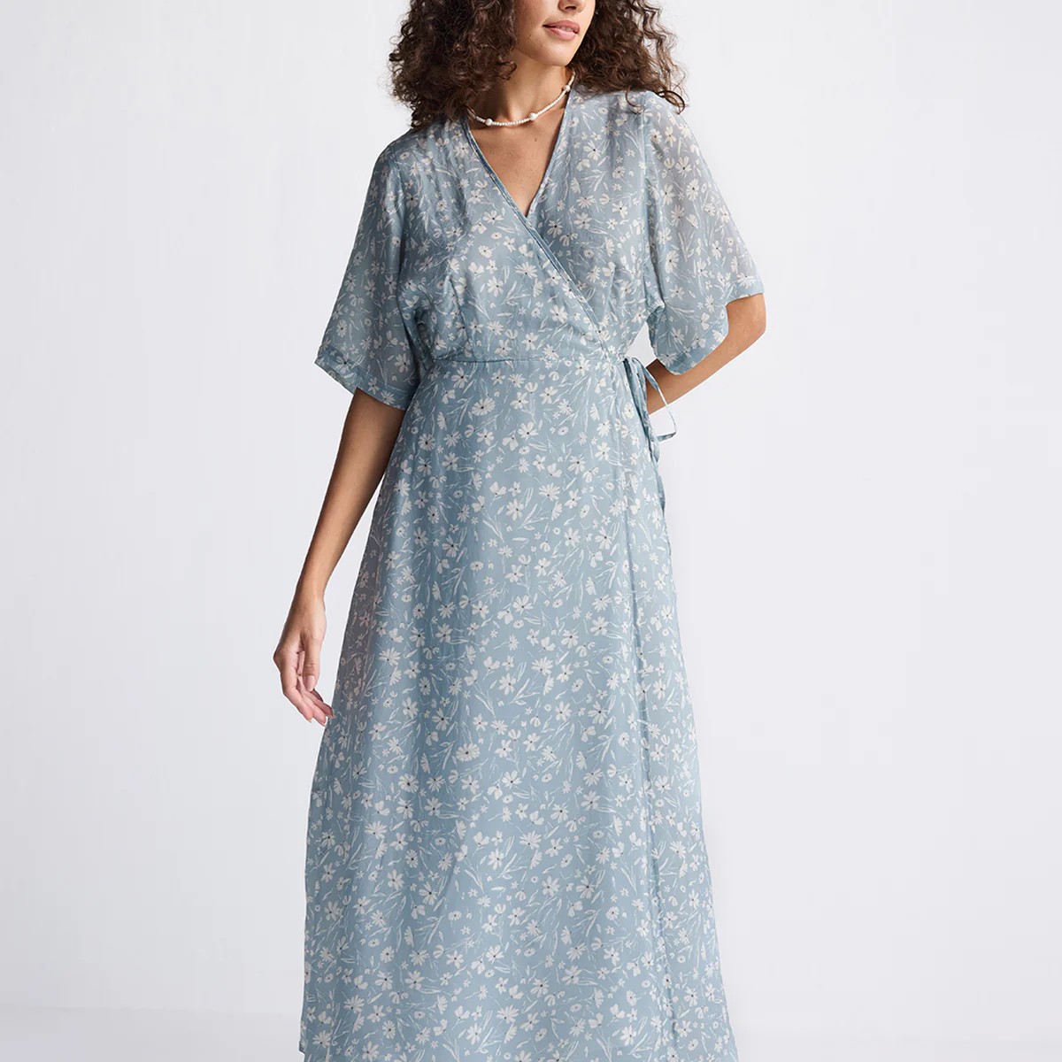 Maxi Wrap Dress in Light Blue Florals | Reistor