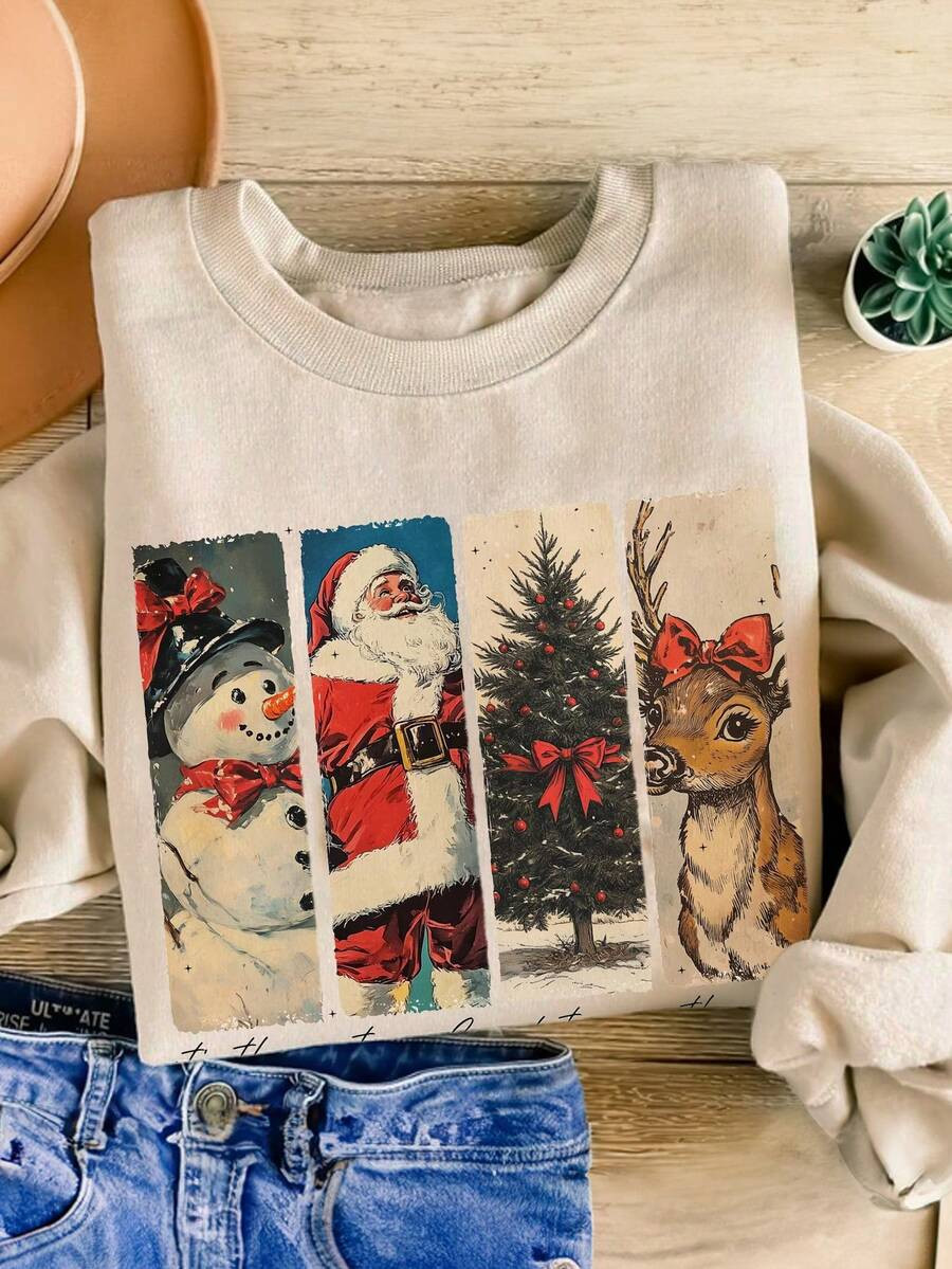 INAWLY Christmas Fashionable Print Dropped Shoulder Crew Neck Sweatshirt For Women | SHEIN