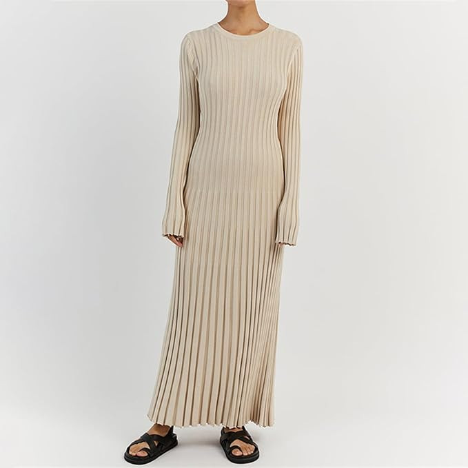 Women Bell Long Sleeve Knit Maxi Dress Crewneck Ribbed Bodycon Long Dress Slim Fit Y2K Sweater Dr... | Amazon (US)
