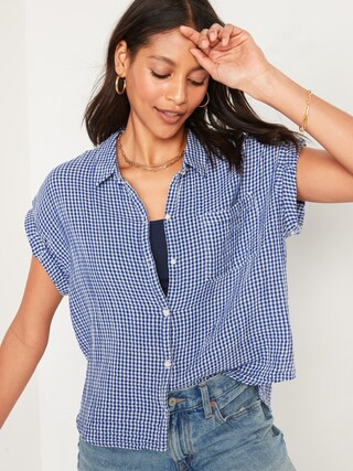 Short-Sleeve Oversized Cropped Crinkled Gingham Shirt for Women | Old Navy (US)