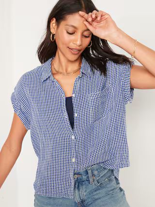 Short-Sleeve Oversized Cropped Crinkled Gingham Shirt for Women | Old Navy (US)