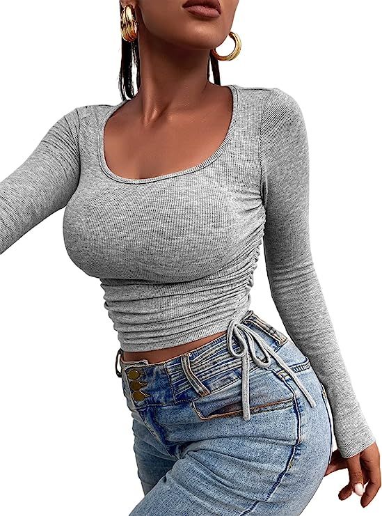 Milumia Women's Sexy Drawstring Side Strechy Crop Top Long Sleeve Ruched Tee Shirt | Amazon (US)