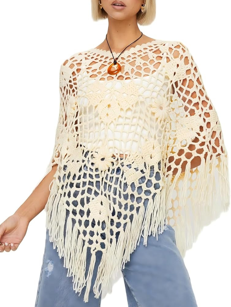 LILTWIST Women Boho Fringe Poncho Crochet Hollow Out Sweater Asymmetrical Knit See Through Shrug ... | Amazon (US)