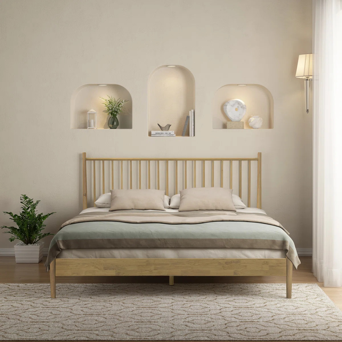 Inno Wooden Bed Frame with Headboard, Solid Wood Foundation with Silent Slats and Wood Central Su... | Wayfair North America