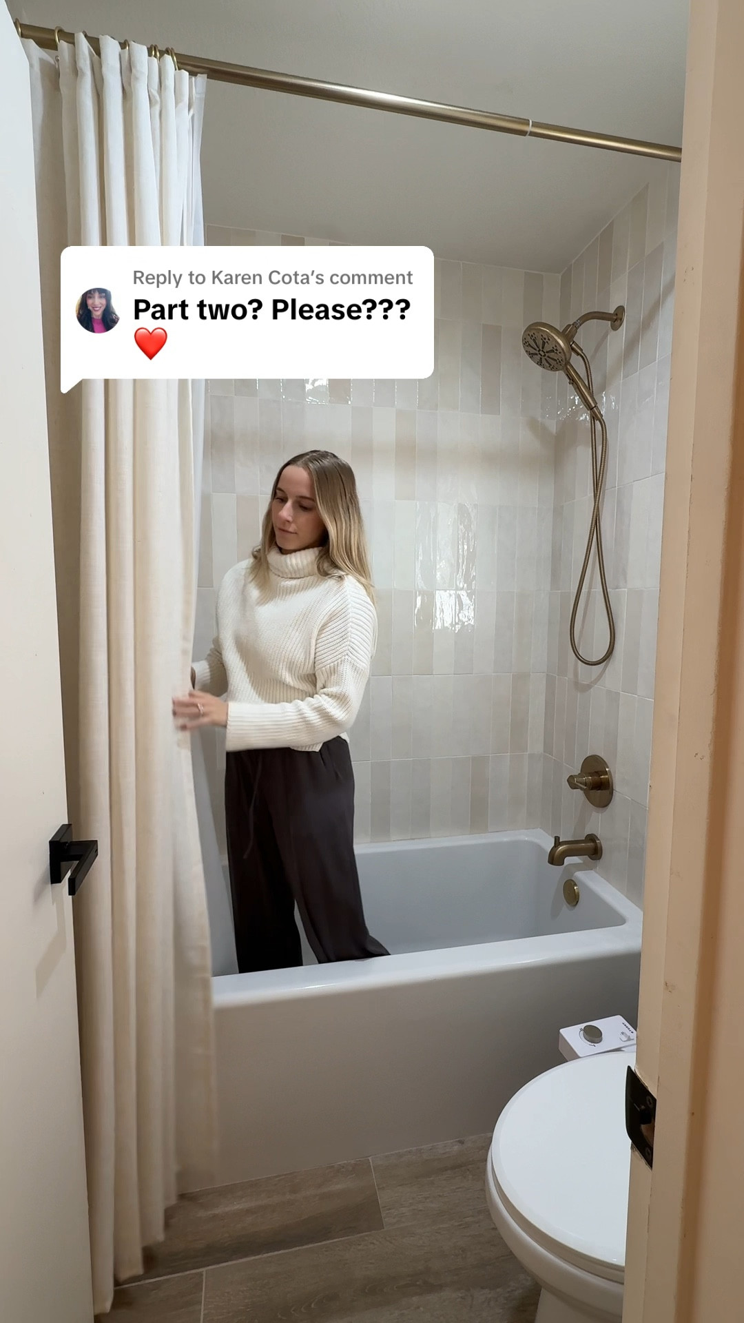 Shower remodel reveal! We went with ivory ceramic tiles and Delta champagne bronze fixtures. This neutral linen shower curtain really ties together the space and I chose the 90” length to draw the eye up. Shampoo and conditioner bottles also linked! 
••
Shower, bathtub, shower head, linen curtain, shower curtain, ivory shower curtain, gold bathroom accessories, shower bottles 

#LTKWatchNow #LTKFindsUnder50 #LTKHome