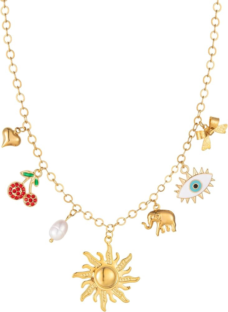 Charm Necklace for Women Bow Starfish Pearl Seashell 18k Gold Summer Beach Surfer Jewelry Necklac... | Amazon (US)