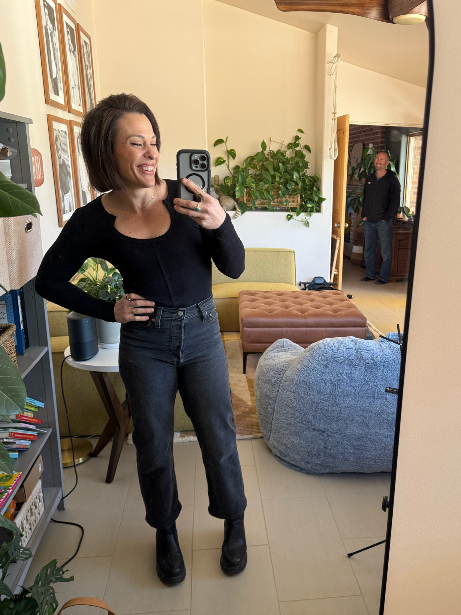 Shirt—size medium. 
Love this shirt. Basic long sleeve but elevated. Great for the itty bitty club! 

Jeans—I am a 26. Stretchy. Comfy. I shared an ankle length for us short girls and full length for you normal people. 

Boots—way more comfortable than my Dr. martens, sadly. But still super stylish with a little edge  