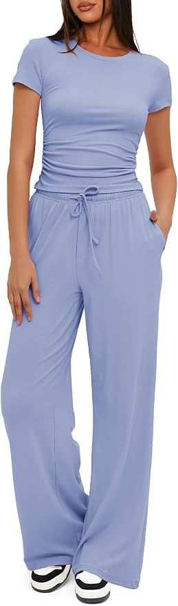 Darong Women's 2 Piece Summer Outfits Lounge Sets Side Ruched Short Sleeve Crop Top & Wide Leg Pa... | Amazon (US)