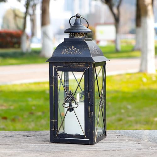 TRIROCKS Decorative Hanging Lantern 16'' High Vintage Metal Candle Holder with Tempered Glass Perfect for Living Room Garden Yard Patio Parties Events Indoors Outdoors (Black) | Amazon (US)