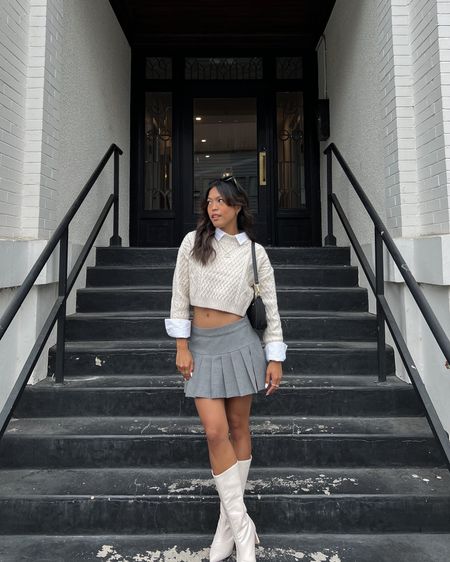 Minimal outfit, preppy vibes, fall fashion, trendy, street style, low waist, mini skirt, cable knit, fall fashion, sweater weather, knee high boots
