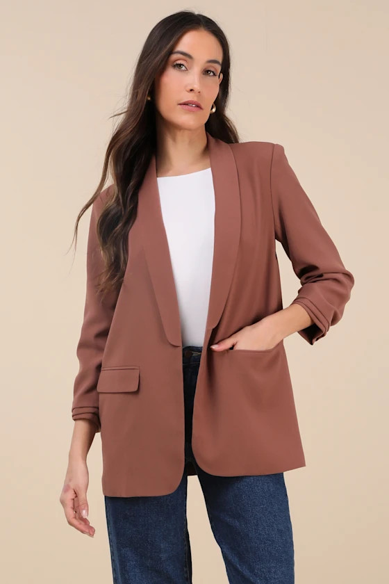 Superior Aesthetic Brown Three-Quarter Sleeve Ruched Blazer | Lulus