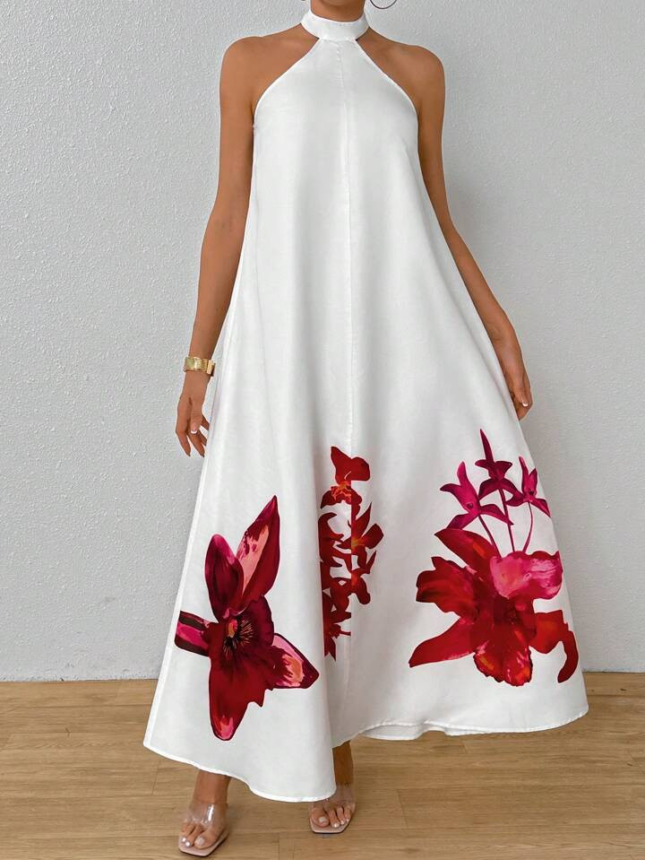 SHEIN Raffinéa Summer Floral Print Halter Neck Long Dress Maxi Women Outfit | SHEIN