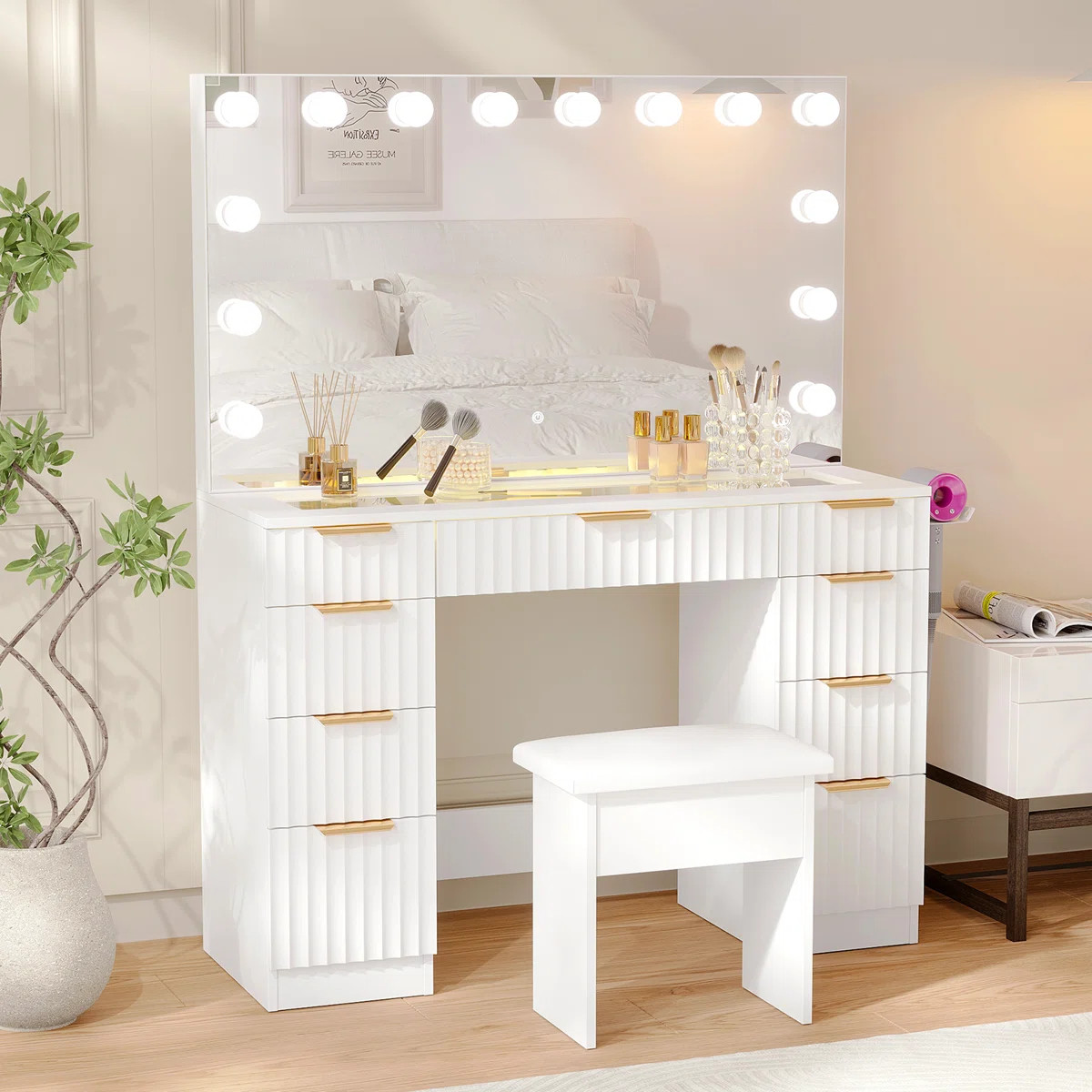 43" Glass Top Makeup Vanity With Mirror and Outlet, Makeup Table with 3-Color Mode Smart RGB Ambi... | Wayfair North America
