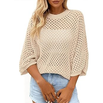 KIRUNDO Crochet Tops For Women Summer Batwing Sleeve Beach Sweaters Lightweight Knit Cover Up Shi... | Amazon (US)