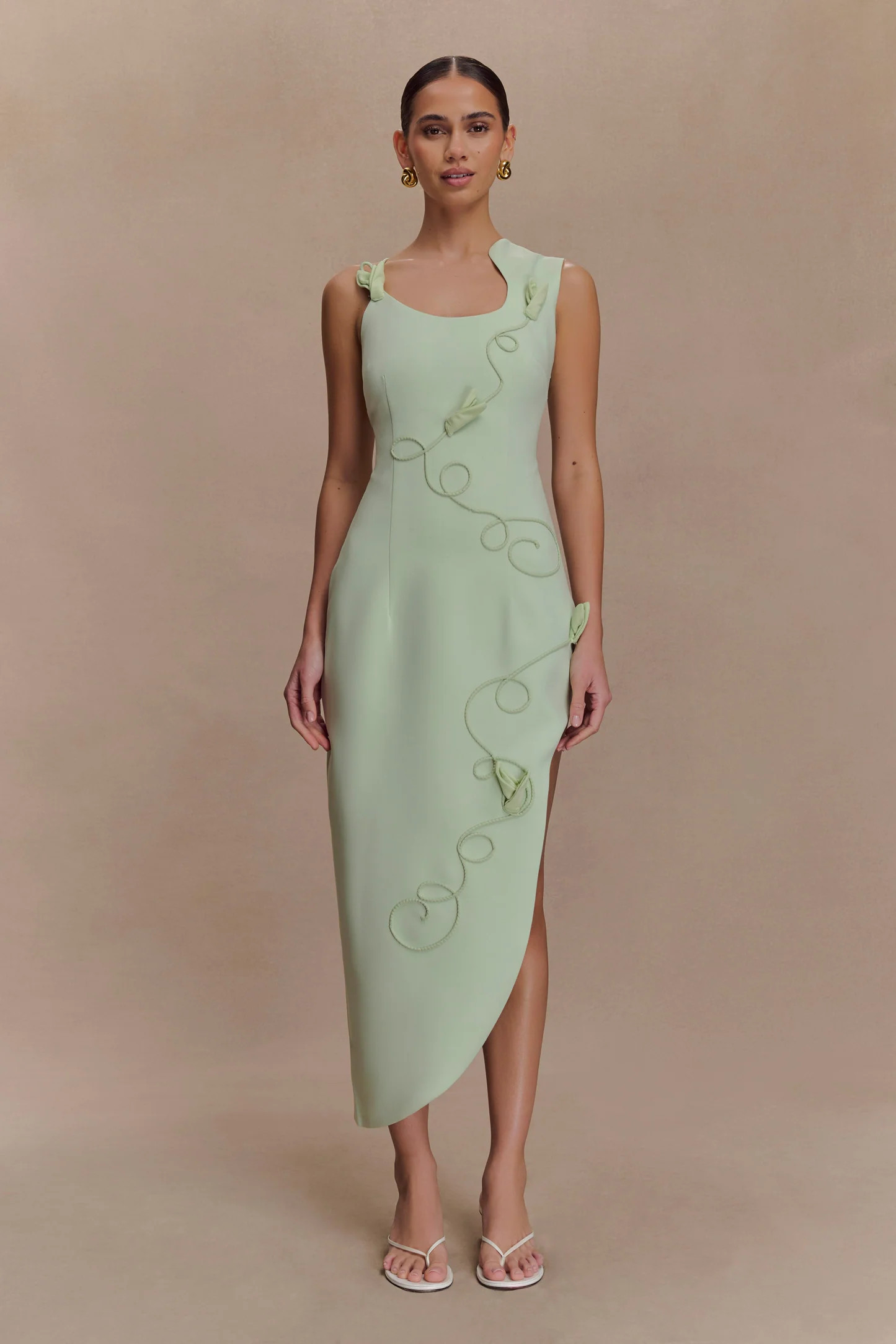 Virginia Suiting Embroidered Midi Dress - Sage | MESHKI US