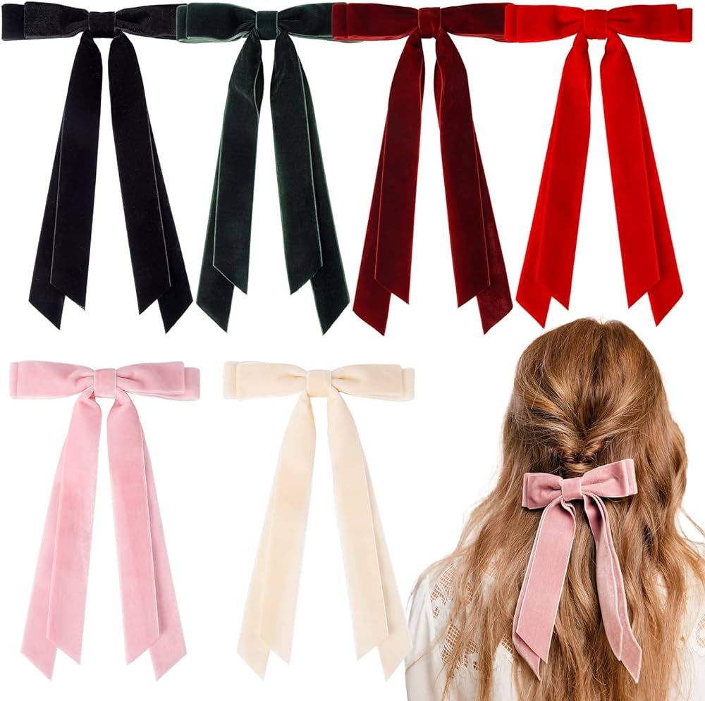 6 PCS Velvet Hair Bows Hair Clips 5" Long Hair Ribbons for Women Double Fall Alligator Clips Hair... | Amazon (US)