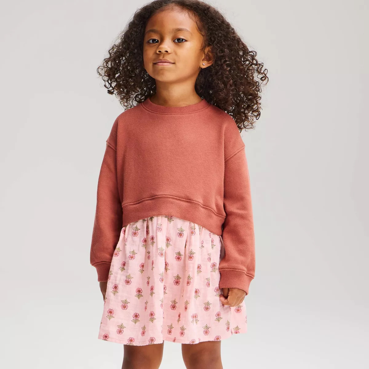 Toddler Girls' Floral Knit to Woven Dress - Cat & Jack™ Pink 5T | Target
