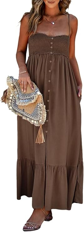 Dokotoo Womens Summer Dresses 2024 Sleeveless Spaghetti Strap Button Down Smocked Beach Long Maxi... | Amazon (US)