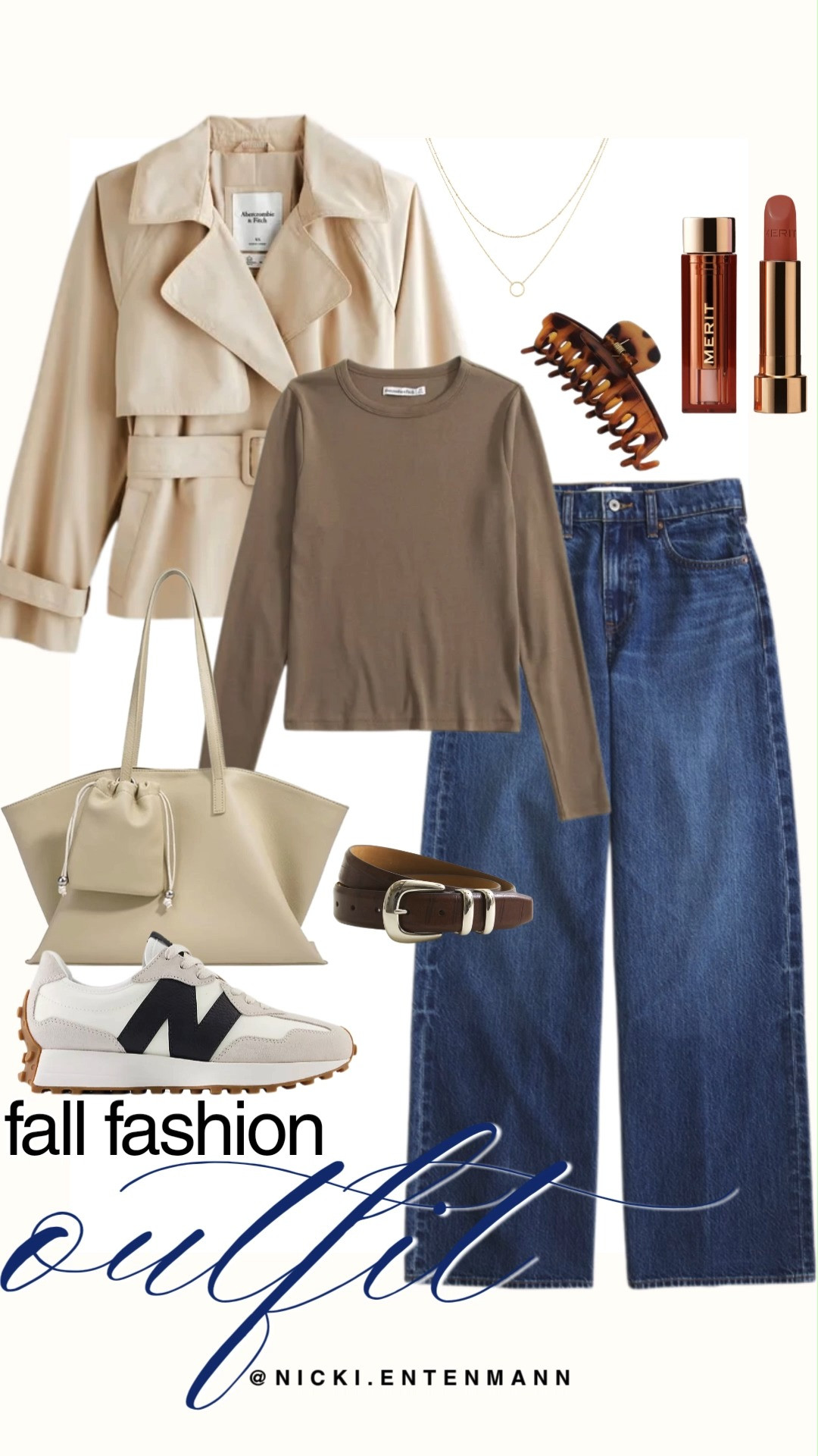 Layer in style with this sophisticated fall fashion outfit edit featuring smart-casual denim and warm neutrals. High-waisted wide-leg blue jeans are styled with a smooth taupe long-sleeve top, a structured brown leather belt, and a classic cropped trench coat. Retro New Balance sneakers, a oversized cream tote bag, a tortoise hair claw, delicate gold necklaces, and Merit lipstick round out this polished look.

#fallfashion #falloutfit #abercrombiestyle #streetstyle #outfitinspiration #preppycasual #everydaystyle 

 #LTKootd #LTKSaleAlert #LTKTravel