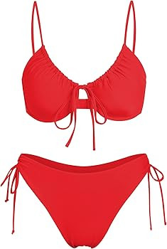 ZAFUL Women's 2 Piece Tie Front Bikini Set Underwire Swimsuit Lace Up Back Cheeky Bathing Suit | Amazon (US)